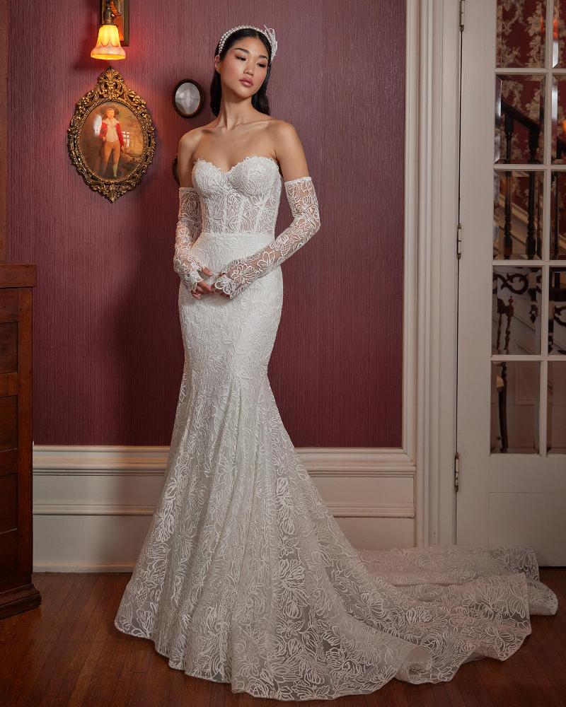 La23242 strapless mermaid wedding dress with gloves and lace1